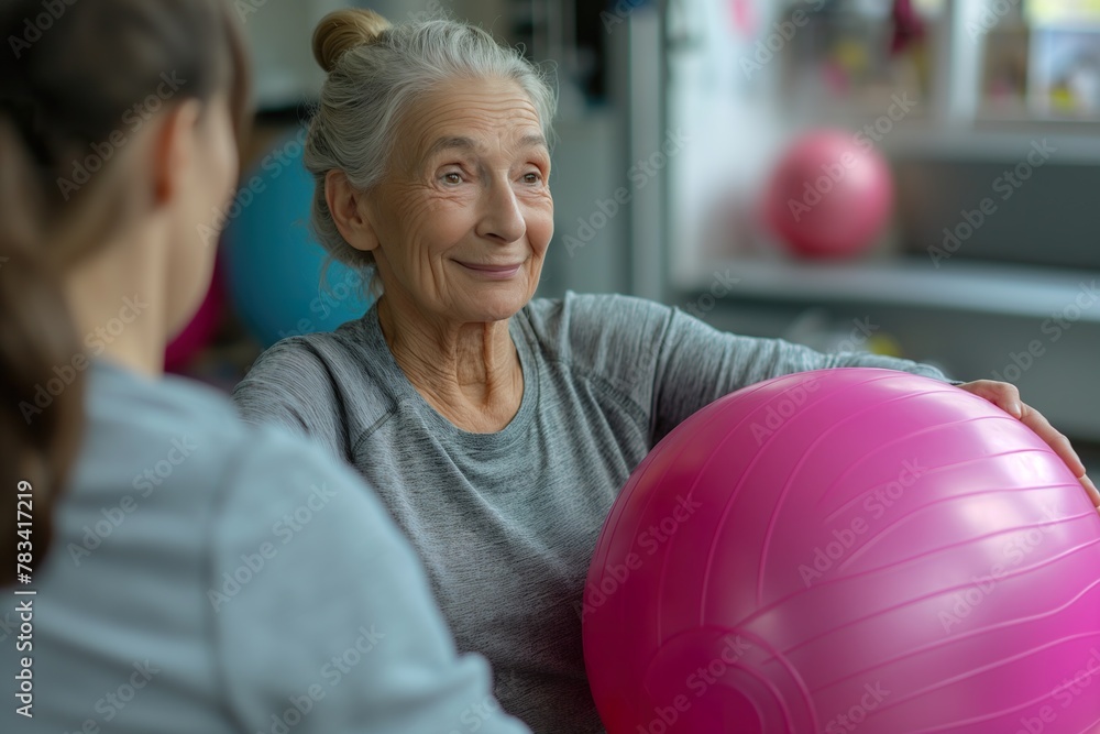 Mature woman participating in physiotherapy exercises by holding a pink exercise ball. Mature woman participating in physiotherapy exercises by holding a pink exercise ball.