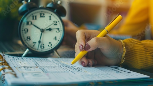 Students in a school, college, or university classroom taking an optical form of standardized exams close to an alarm clock while holding a yellow pen for the final exam