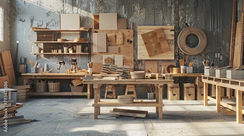 The concept of producing furniture. furniture workshop. 3d render  photo