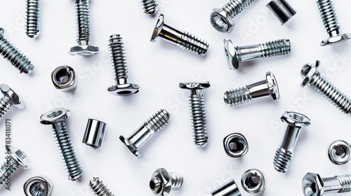 Metal screw heads in top view against a white background. isolated rivets. 