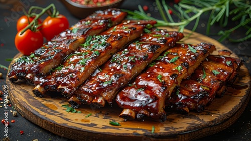   A wooden cutting board holds ribs smothered in BBQ sauce, garnished with choice accompaniments photo