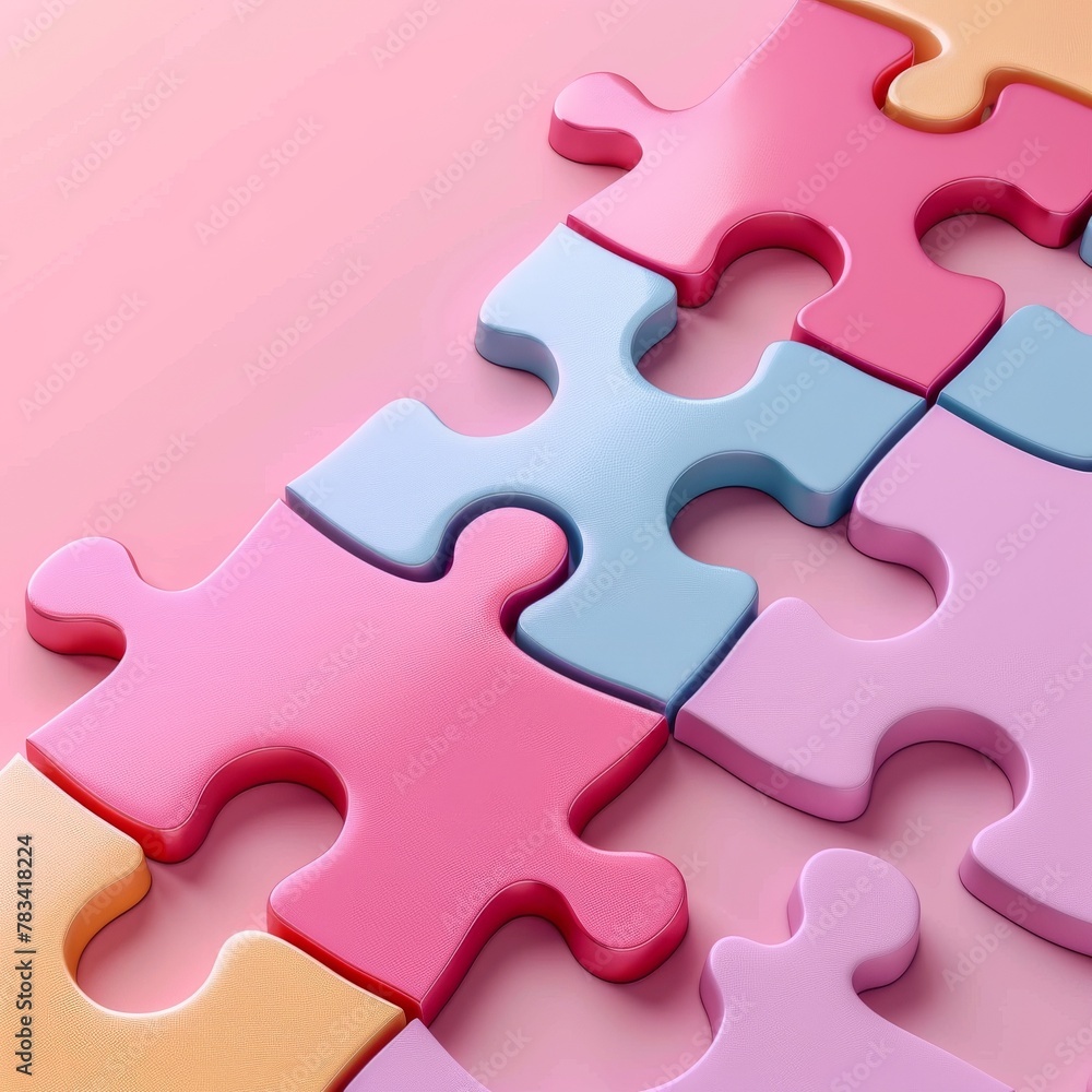 3D puzzle pieces connecting, minimal bright design, isolated, solving leadership, space for texts 3D puzzle pieces connecting, minimal bright design, isolated, solving leadership, space for texts