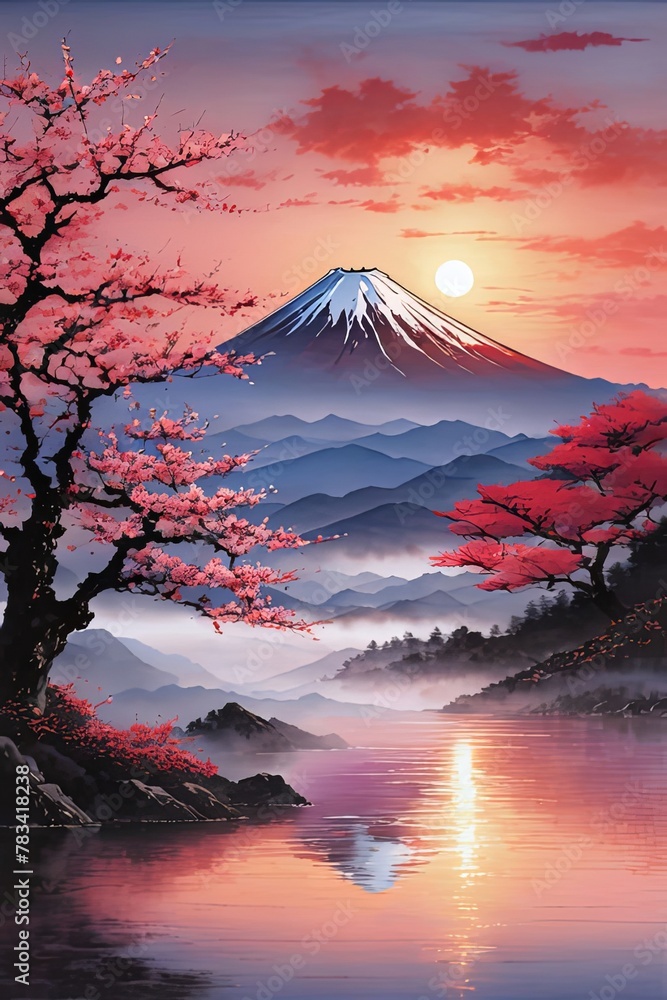 Cherry tree in full bloom with majestic Mount Fuji in background, capturing essence of traditional Japanese beauty, tranquility. For interior, commercial spaces to create stylish atmosphere, print.