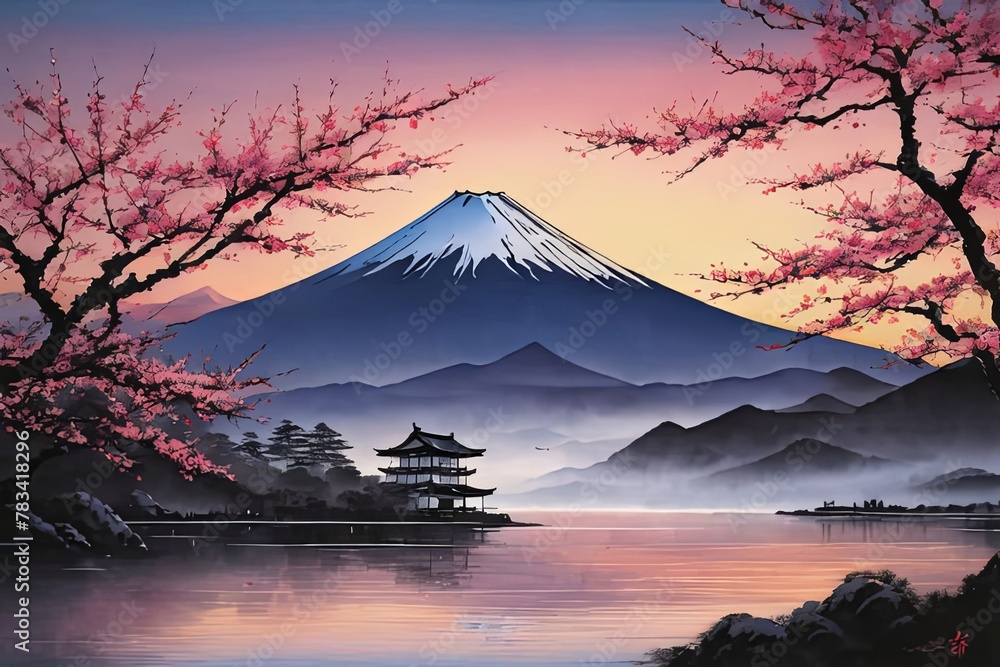 Painting of japanese Mount Fuji at sunset. For meditation apps, on covers of books about spiritual growth, in designs for yoga studios, spa salons, illustration for articles on inner peace, banner.