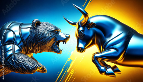 Bull vs bear, symbols of stock market trends, fierce market battle in blue and yellow background