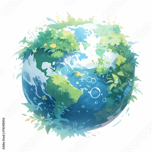 A blue and green eco Earth globe surrounded by plants, logo for environmental world protection, illustration for ecological conservation and water preservation, Save the Planet, Earth Day concept © mozZz