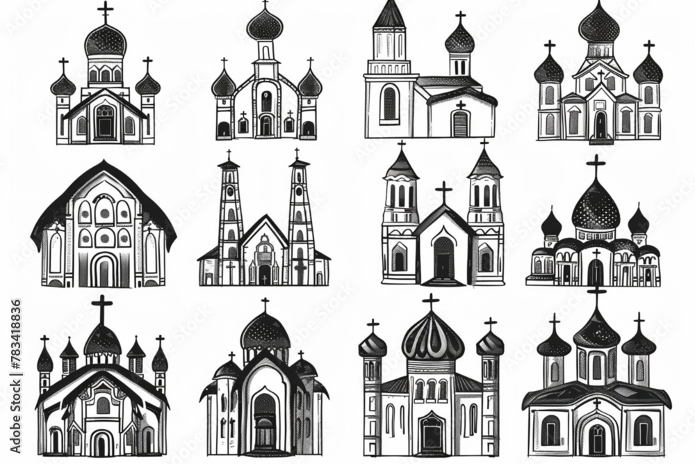 Church religious building set. Mosque, temple, synagogue, cathedral, orthodox, chapel, monastery. Hand drawn style vector illustration. vector icon, white background, black colour icon