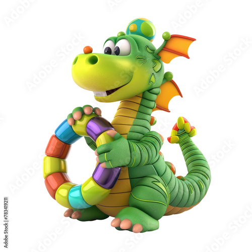 A whimsical cartoon dragon is fascinated by a colorful baby rattle in a playful nursery setting