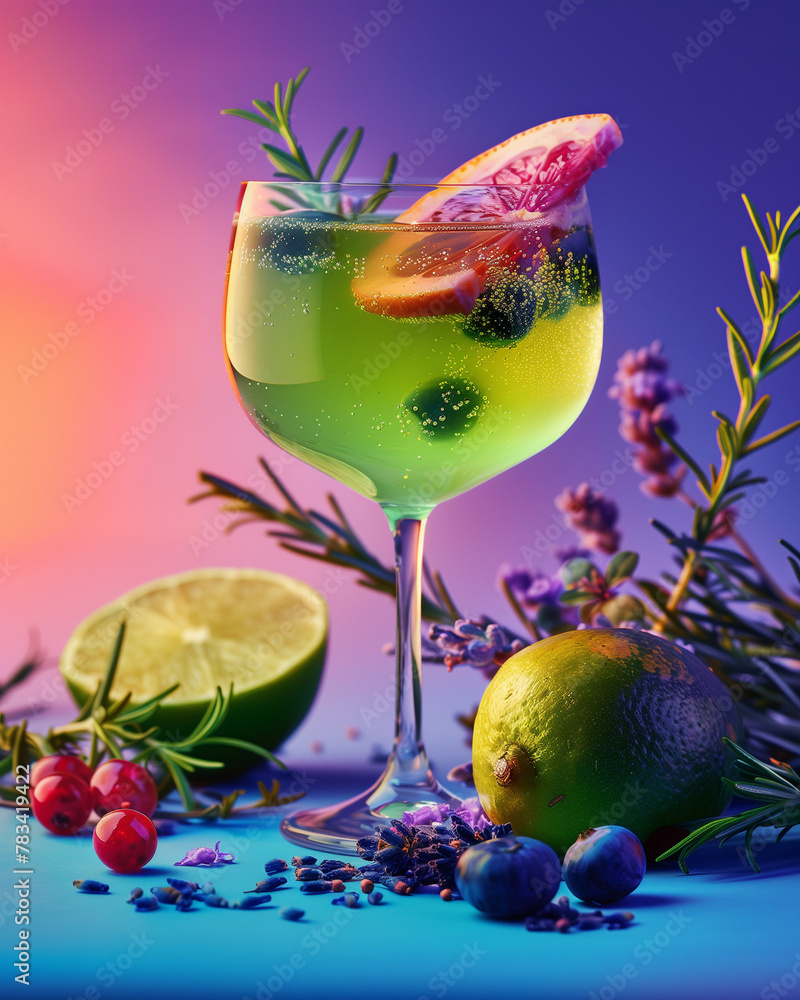 refreshing green drink in cocktail glass, scattered slices of lime, raspberreries, juniper berries and rosemary on a bright purple background