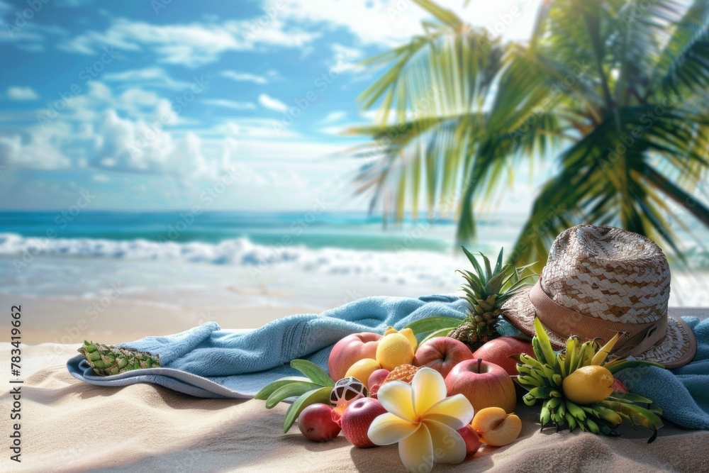 Tropical beach still life with fruits, a towel, and a sun hat.