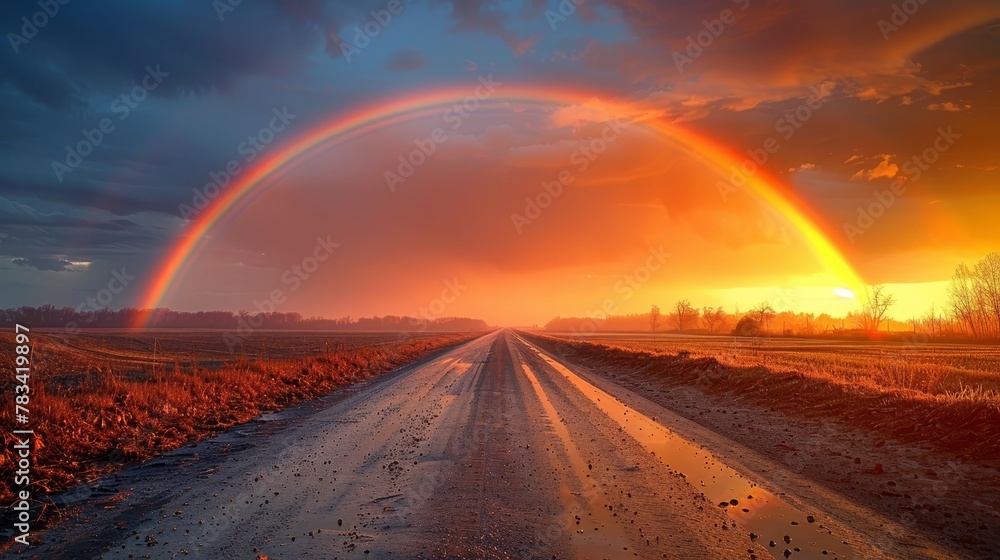   A road beneath a rainbow, mid-sky holding another identical arc