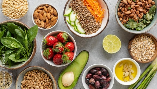 bowls with healthy balanced vegan food ingredients top view