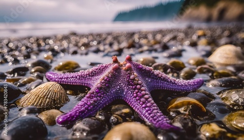 closeup of purple starfish surrounded by various mollusks at low tide on the washington coast photo