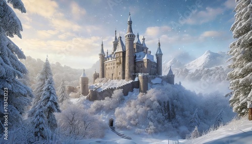 magic castle in a winter wonderland fantasy snowy landscape winter castle on the mountain winter forest © Lauren