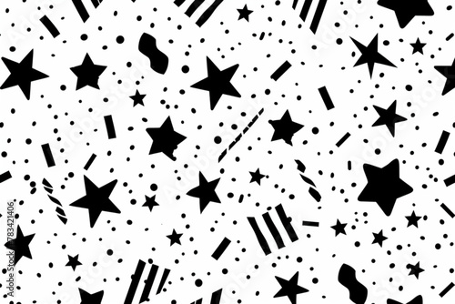 Hand drawn simple sprinkle seamless pattern with black confetti and stars on white background. Vector Illustration for holiday, party, birthday, invitation vector icon, white background, black colour 
