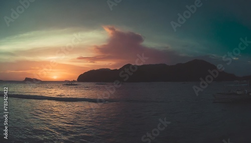 panoramic view on beautiful colorful sunset over sea phillipines islands