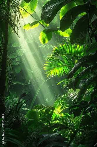 Sunlight filtering through a dense tropical rainforest
