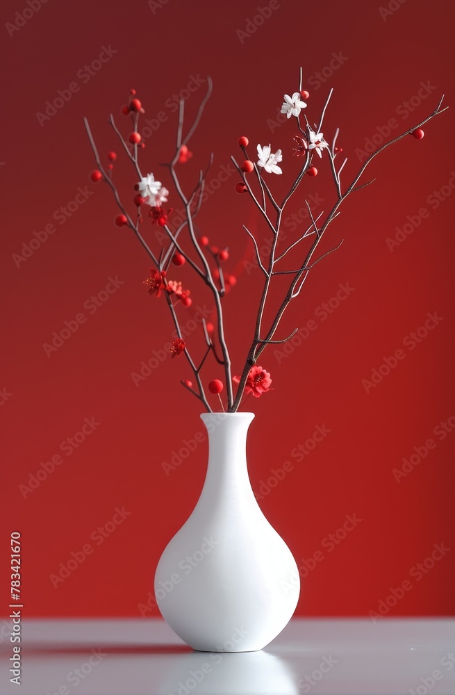 Elegant white vase with red and white blossoms on a red background