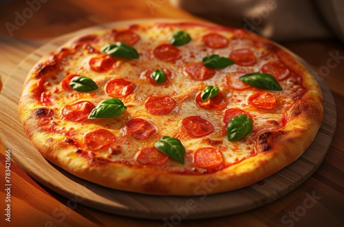 Fresh Pepperoni Pizza with Basil on Wooden Table