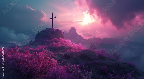 Mystical Sunset over a Purple Flowered Landscape with Sword in Stone