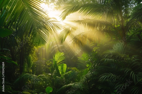 Sunlight streaming through a dense tropical forest