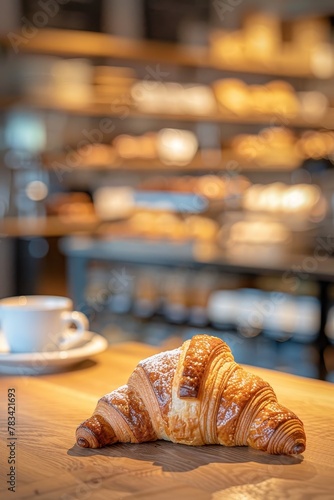 Fresh croissant on a wooden table in a cozy bakery