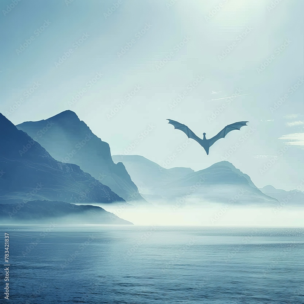 Fototapeta premium Majestic dragon flying over serene misty mountains