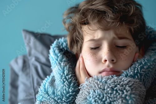 Sick Young Boy Wrapped in Blanket Feeling Ill at Home © redcat