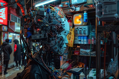 Futuristic Robot Head with Intricate Wiring in a Neon-Lit Urban Setting
