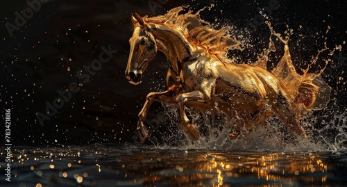 Golden Horse Galloping Through Water at Night