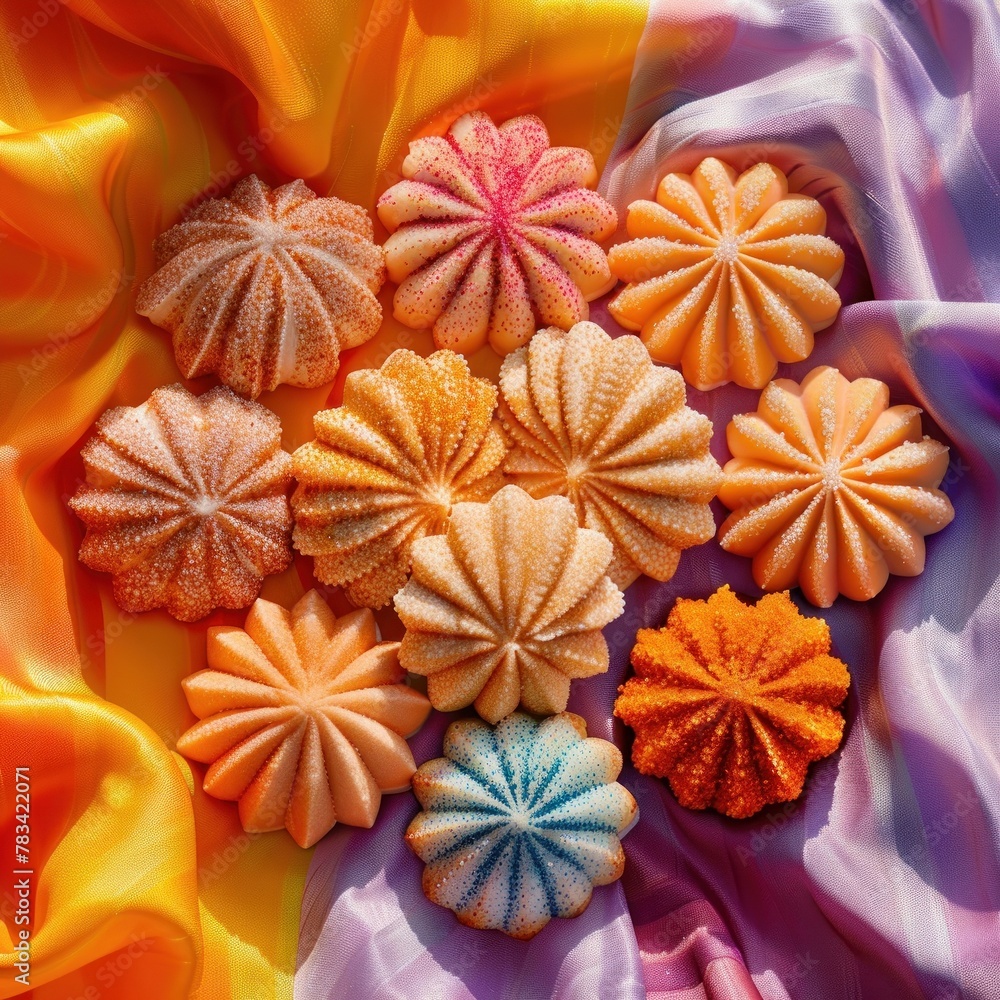 an overhead shot of a group of colorful conchas arranged artistically on fabric, ideal for culinary art presentations or food-related social media content. an overhead shot of a group of colorful conchas arranged artistically on fabric, ideal for culinary art presentations or food-related social media content.