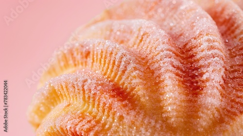a close-up of a sugary, pink concha pastry, suitable for confectionery advertising or dessert recipe content.