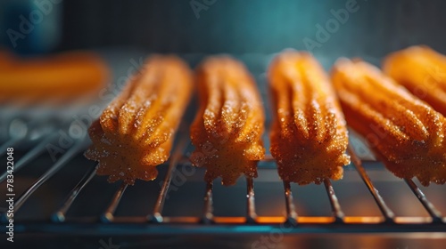 A close-up of freshly fried churros, dusted with cinnamon sugar, resting on a wire cooling rack. The golden-brown texture of the churros contrasts beautifully with a dark, blurred kitchen background