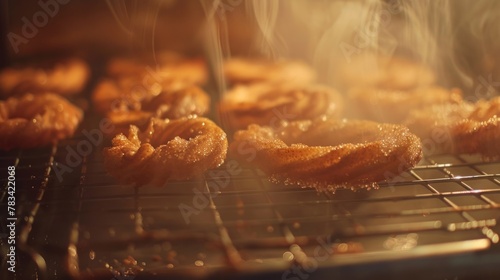  freshly fried churros glistening with sugar on a wire rack, with steam rising, perfect for culinary websites or cooking tutorials. photo