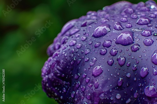 a close-up of a purple concha bread adorned with water droplets, providing a detailed texture that could be perfect for a bakery's advertising or food photography portfolio.