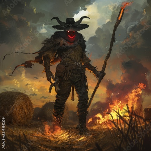 Sinister scarecrow in a fiery field at sunset