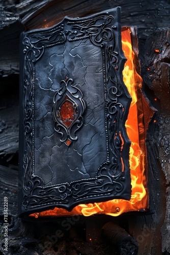 Mystical burning book with ornate cover on a dark background