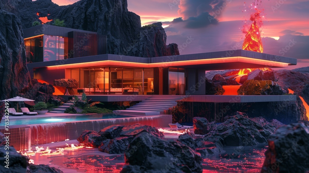 Luxurious Modern House by a Volcanic Eruption at Sunset - obrazy, fototapety, plakaty 