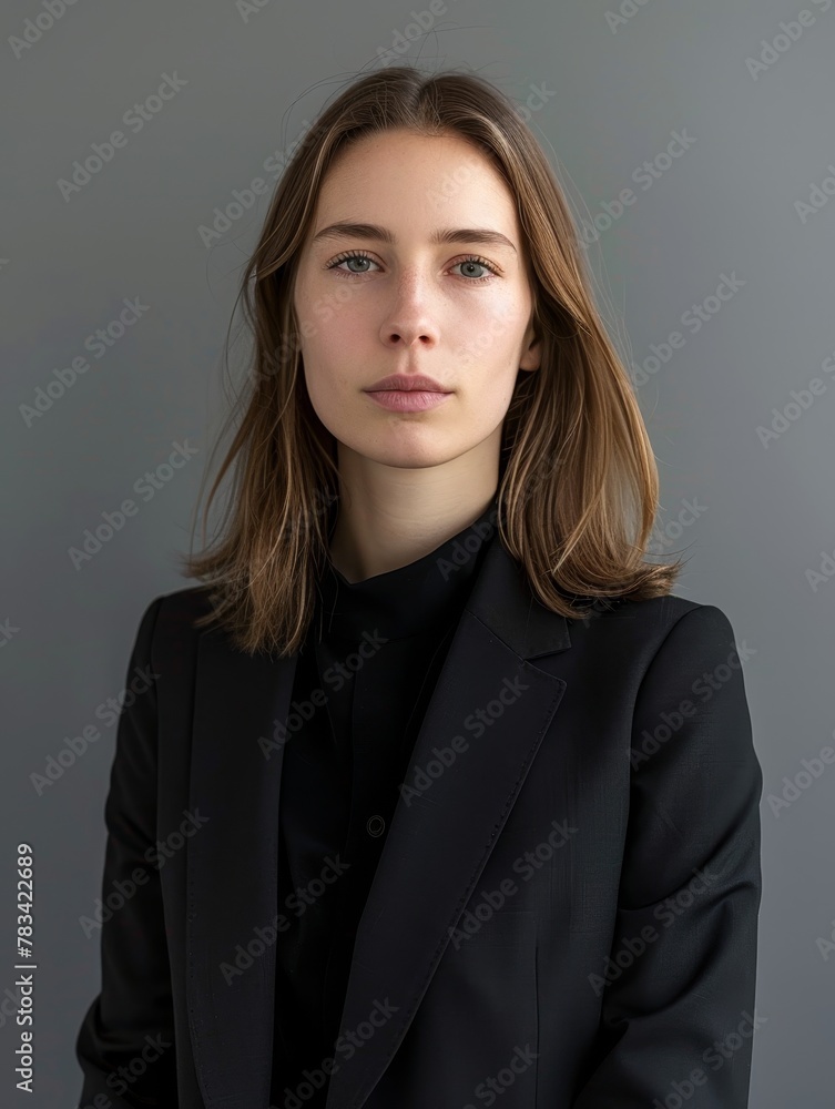 Fototapeta premium Professional young woman in a black blazer posing against a grey background