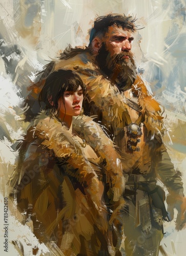 Rugged Warrior and Companion in a Stylized Fantasy Setting