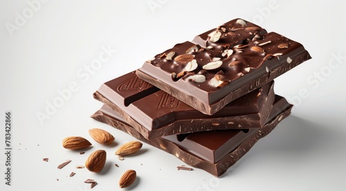 Stack of Chocolate Bars with Almonds on a White Background