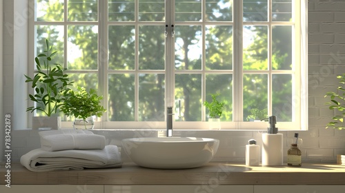 Elegant home bathroom interior with sink and accessories with window. Mock up © Ziyan Yang