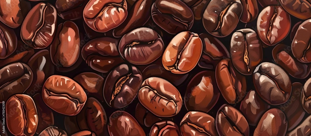 Abundant brown coffee beans piled up in a close-up view, showcasing their rich color and texture. - obrazy, fototapety, plakaty 