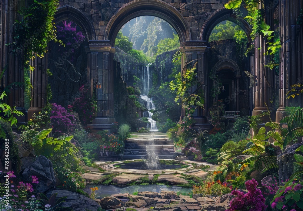Enchanted Forest Waterfall in a Mystical Archway Setting