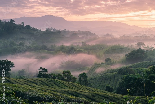 Misty Morning Over Lush Green Tea Plantation