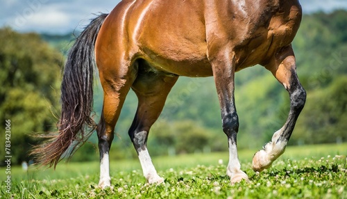 rear or hind quarters of brown horse with feet up bucking