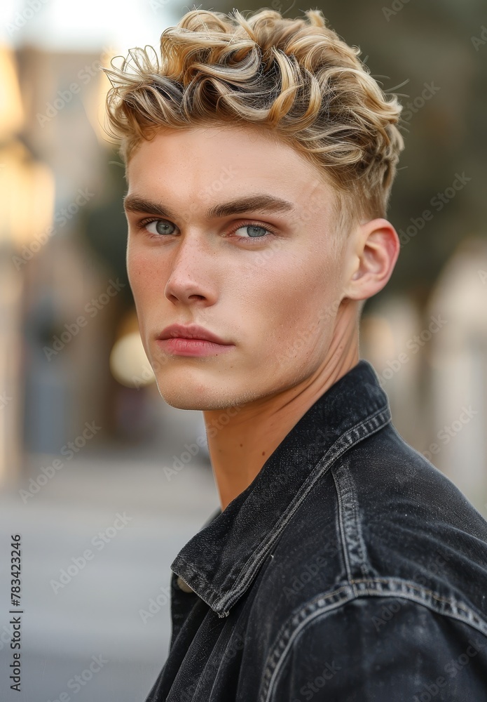 Portrait of a young man with stylish curly hair and intense gaze Portrait of a young man with stylish curly hair and intense gaze