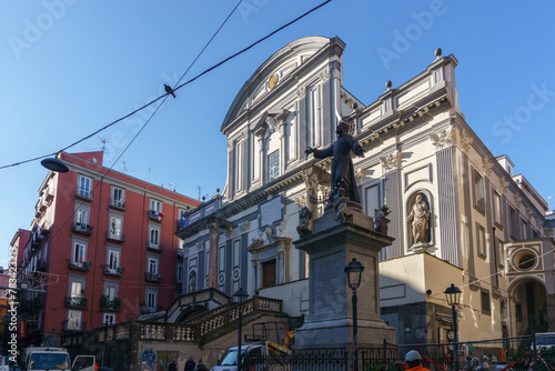 Townscape of facade of Basilica of San Paolo Maggiore with Monumento a San Gaetano in Naples, Campania, Italy