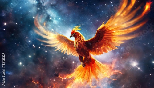 flame phoenix in galaxy background by ai generative photo