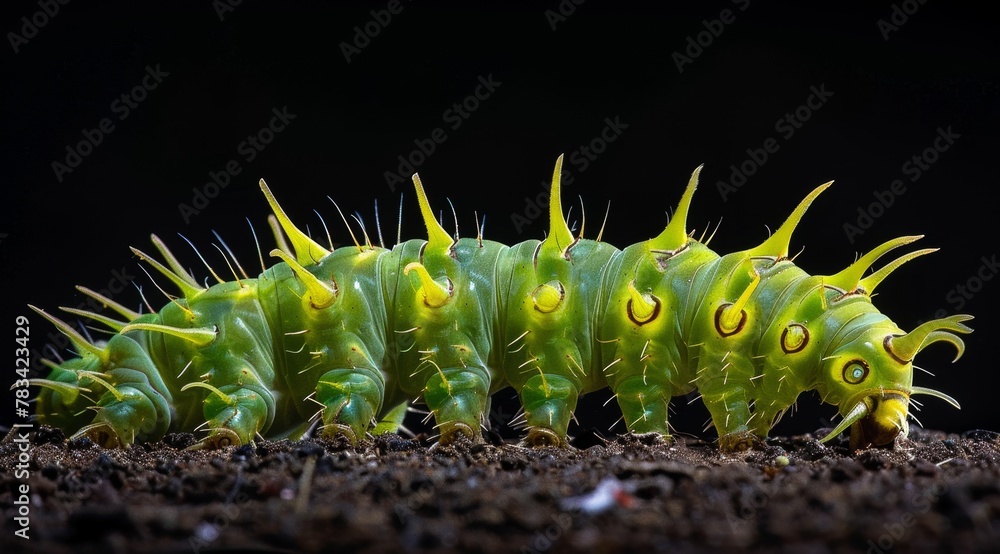 Naklejka premium Vibrant Green Caterpillar Crawling on Soil